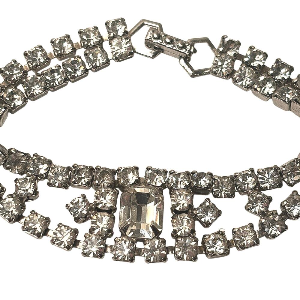 Vintage Rhinestone Bracelet Silver Tone Clear Crystal Statement 7” Wedding